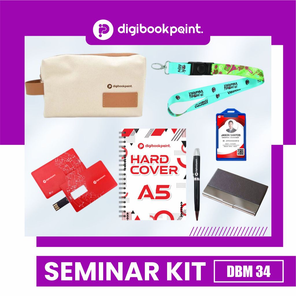 

Paket Seminar Kit Custom isi 6 - Pouch Canvas, Notebook Hardcover A5, Tempat Kartu Nama, FD Kartu, Pulpen Besi Grafir, Lanyard Printing - DBM 34