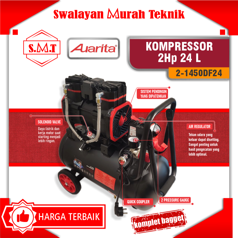 AUARITA Kompresor Angin Bebas Oli 2Hp 24L Auarita 2-1450DF24 Oilless  Air Compressor Silent Oil Free