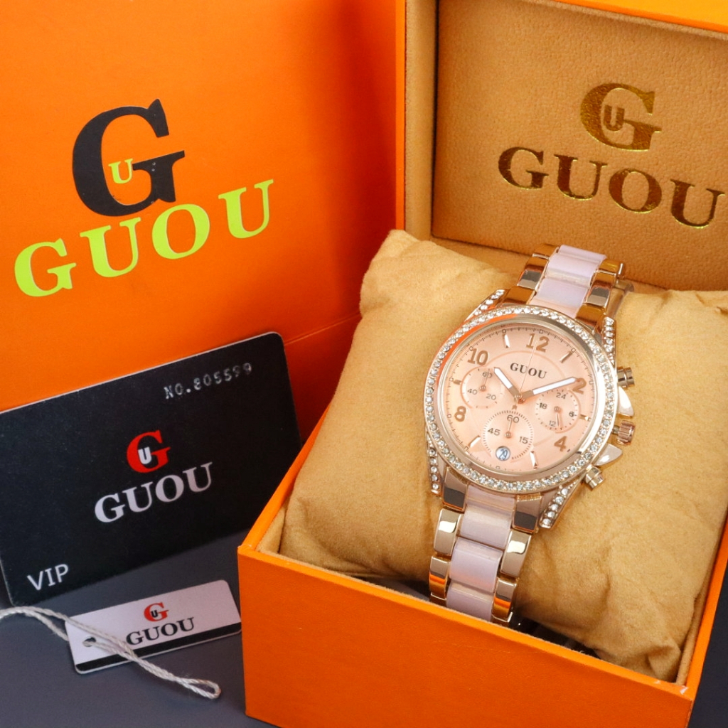 Jam Tangan Wanita Original Guou Crono Variasi Tanggal Aktif Fesyen Korean Watch Terlaris