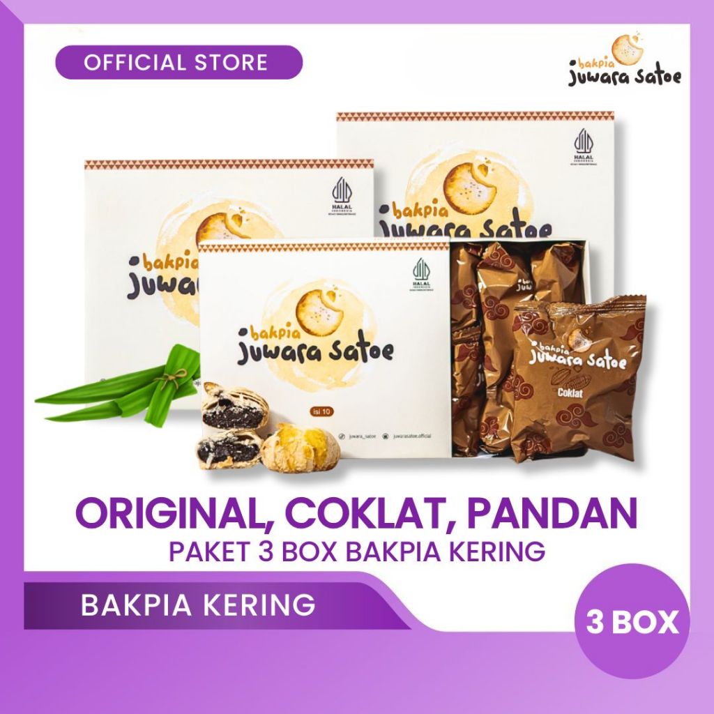 

BAKPIA JUWARA SATOE [ 3 Box ] Paket Bakpia Crispy (Original, Coklat, Pandan) - Oleh Oleh Khas Jogja