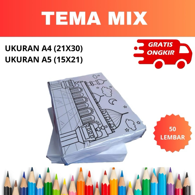 

50 Lembar Kertas Mewarnai Anak Berbagai Tema - A4 75Gsm