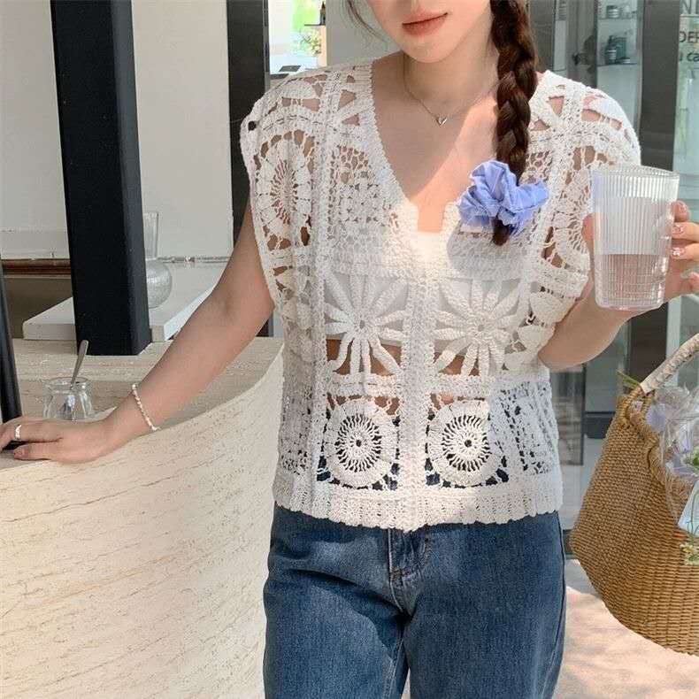 Vest Rompi Rajut Motif Kotak Mata Hari V-neck Retro Prancis