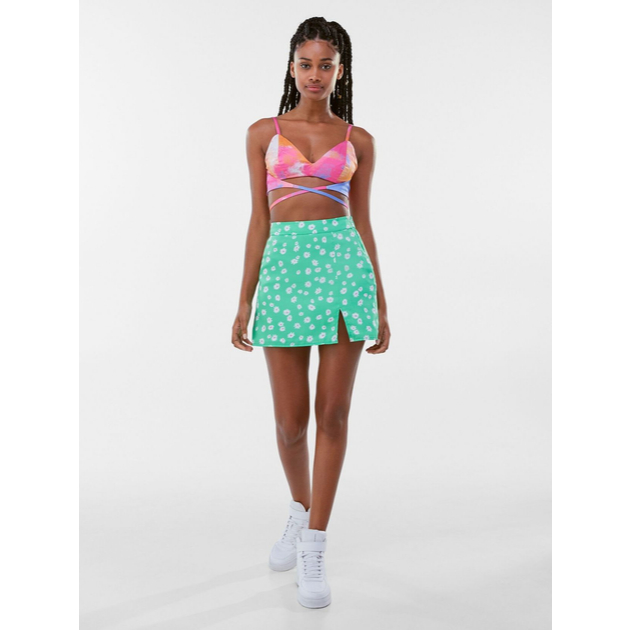 BERSHKA GREEN FLORAL SATIN MINI SKIRT