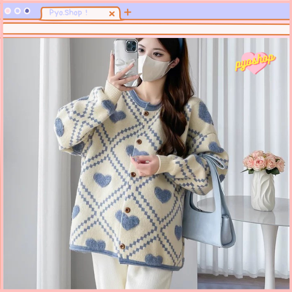 BEST SELLER PYOSHOP - CARDIGAN KNITWEAR OVERSIZE MOTIF LOVE RAJUT WANITA WARNA PASTEL