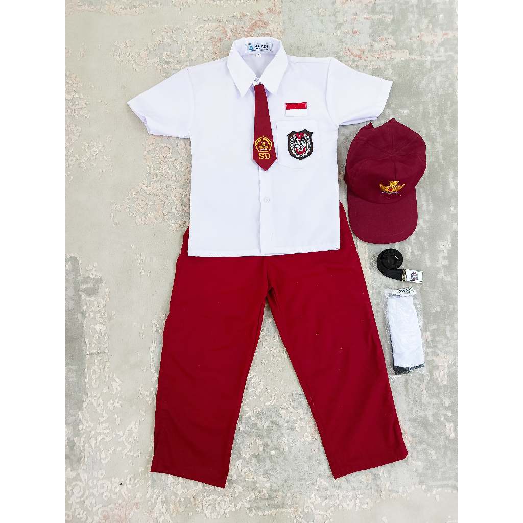 SETELAN SERAGAM SEKOLAH MERAH PUTIH PENDEK PANJANG ANAK LAKI-LAKI KELAS 1-6 TOPI MERAH POLOS