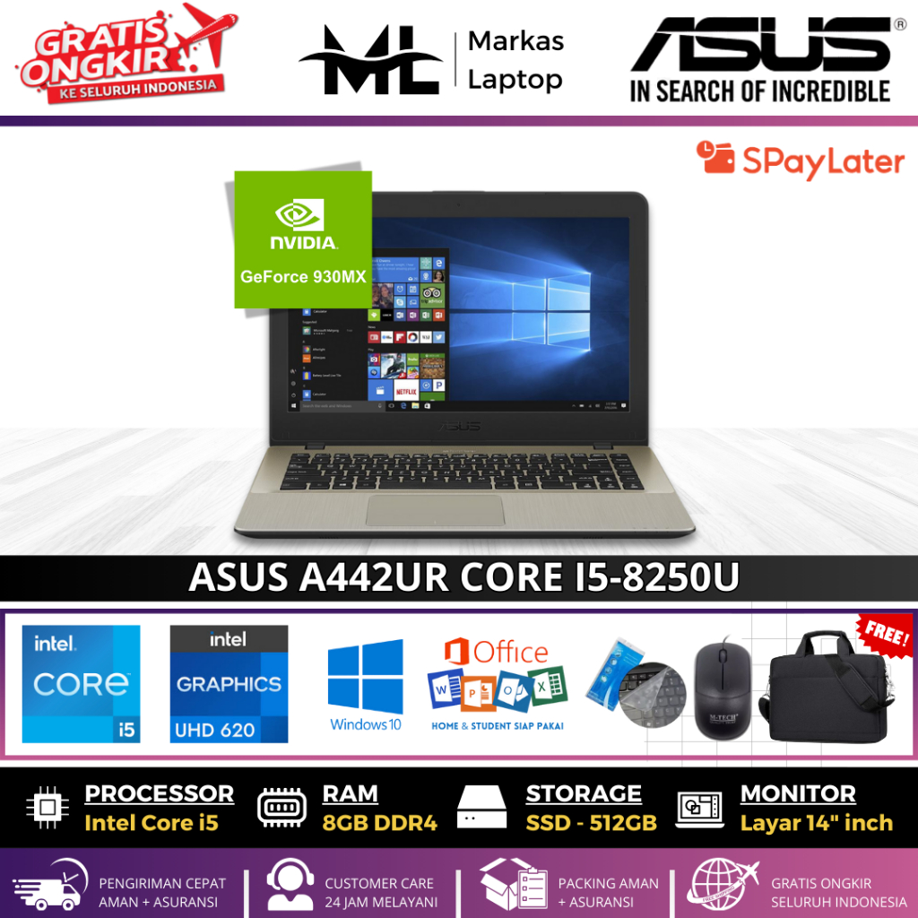 LAPTOP ASUS A442UR Core i5-8250U 930MX NVDIA RAM 8GB SSD 512GB 14" INCH WIN 10