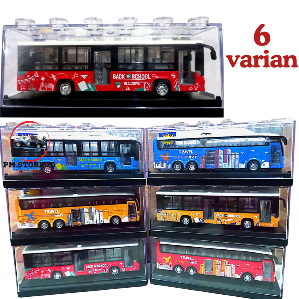 diecast bus travel school kemasan akrilik berbahan atom