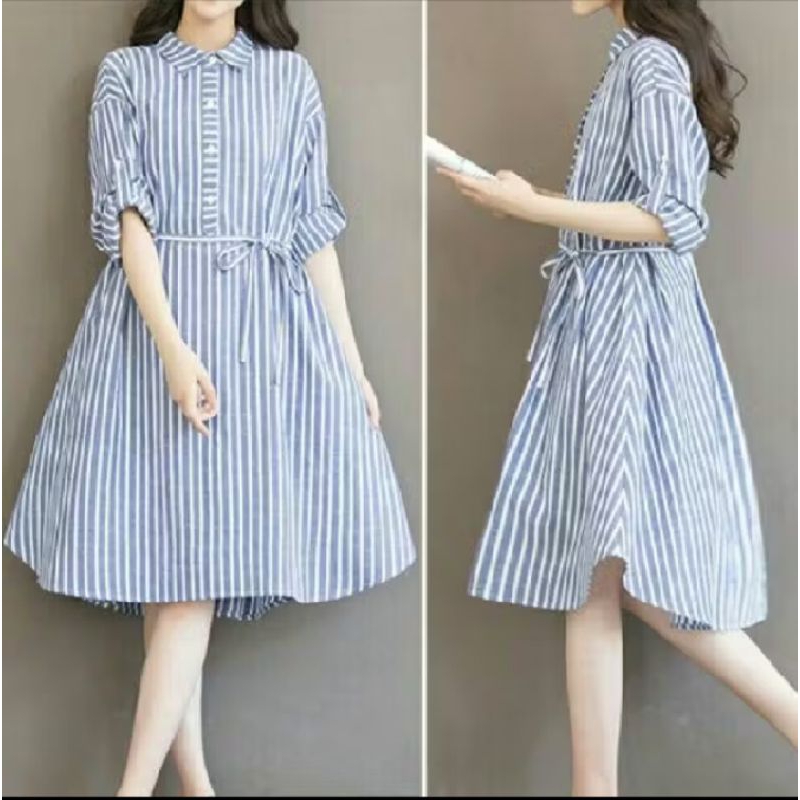 Long Dress Korea Longgar Motif Garis