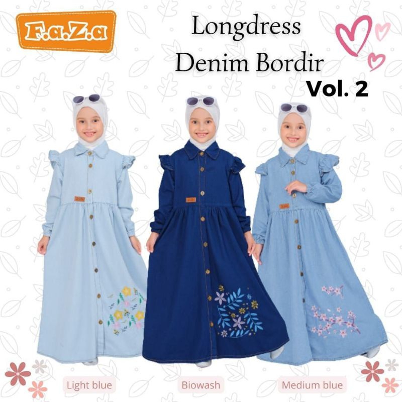 Gamis Denim Anak Perempuan Faza Long Dress Bordir Ruffle