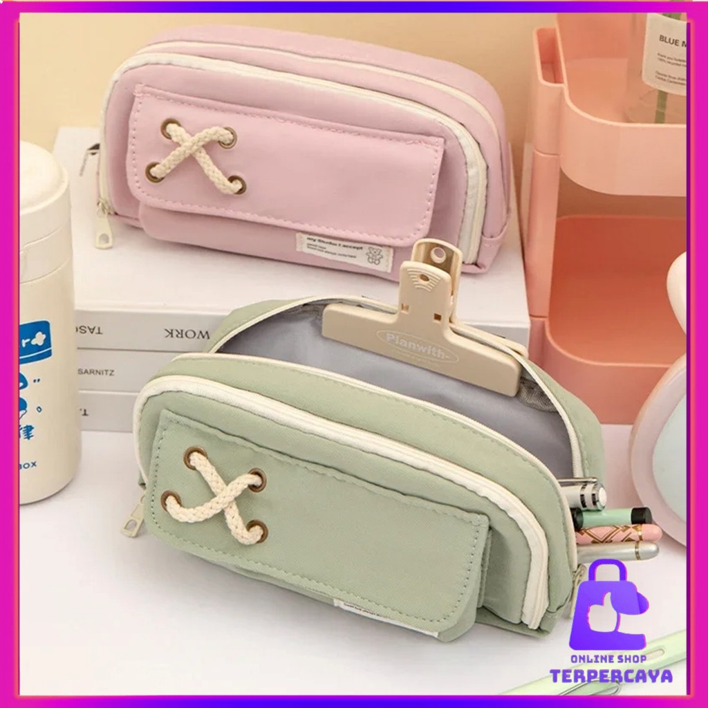 

OST Tempat Pensil Model Pita Silang Kotak Pensil Tali Rami Ritsleting Ganda Bahan Kanvas Pouch Tempat Alat Tulis Perlengkapan Sekolah Kantor Dua Sisi Resleting
