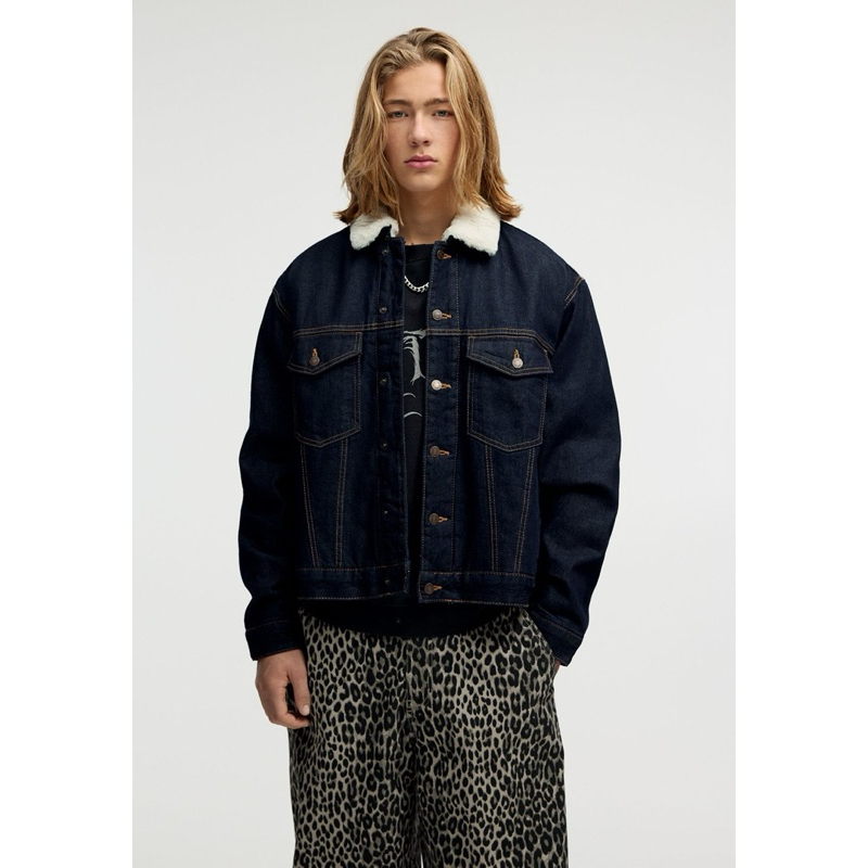 PULL&BEAR Denim Jacket Coat Fur Collar Man Unisex - preloved