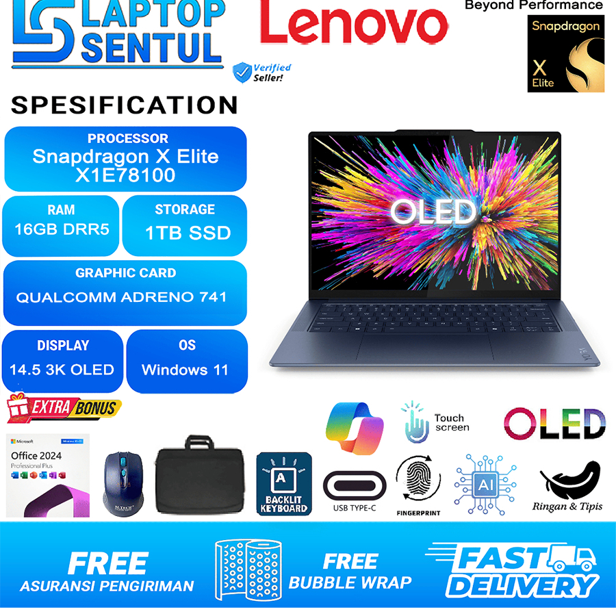 Lenovo Yoga Slim 7 Snapdragon X ELITE X1E78100 Ram 16GB DDR5 1TB SSD OLED Windows 11Pro Office Cosmi
