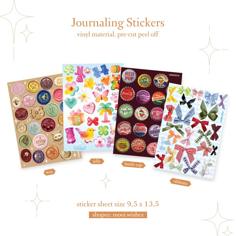 

Sticker Vintage Deco Handphone Laptop Journaling Wax Jelly Bottle Cap Bows Ribbon Lucu Murah