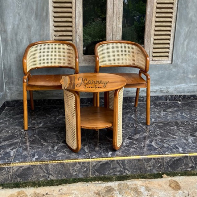 SET KURSI TERAS MINIMALIS ROTAN , KURSI TERAS BULAT KAYU JATI