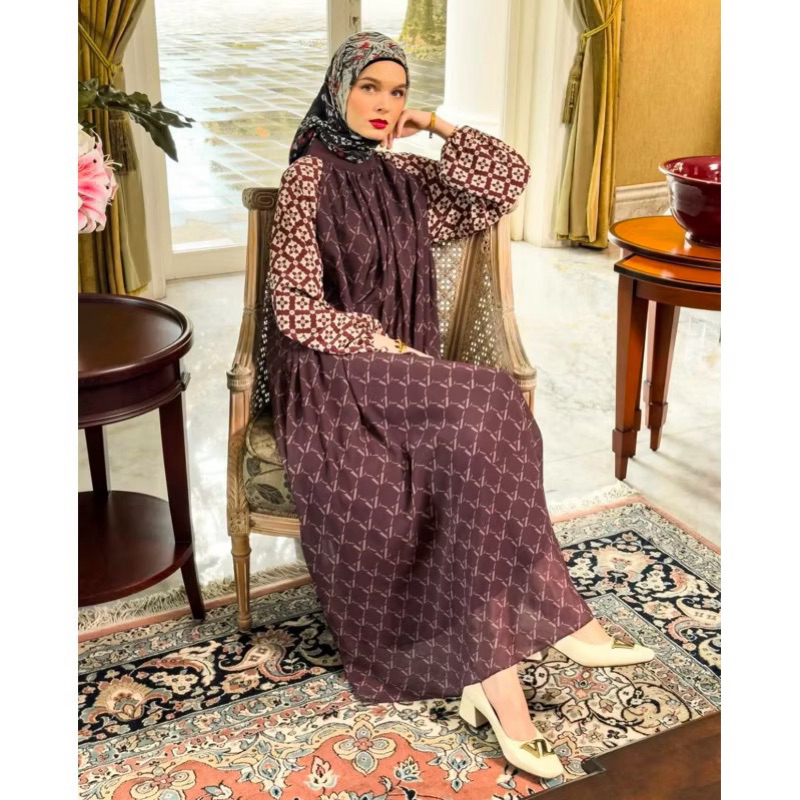 READY KIRIM VZ RAYA COLLECTION MONOGRAM LINEAGE DRESS BROWN VIVI ZUBEDI