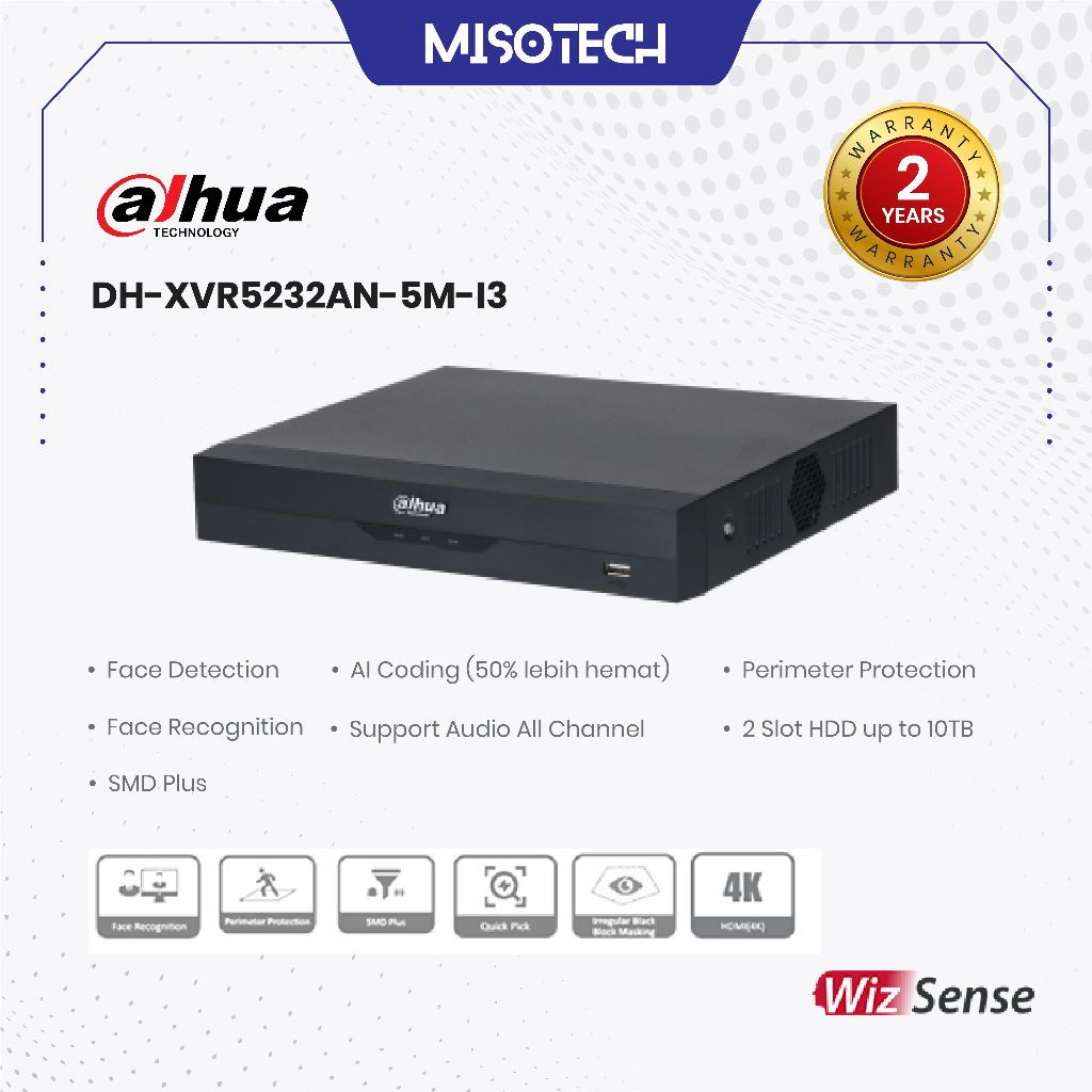 Dahua DH-XVR5232AN-5M-I3 32 Channel DVR 5MP XVR True 3K 1 SATA AI WizSense Series