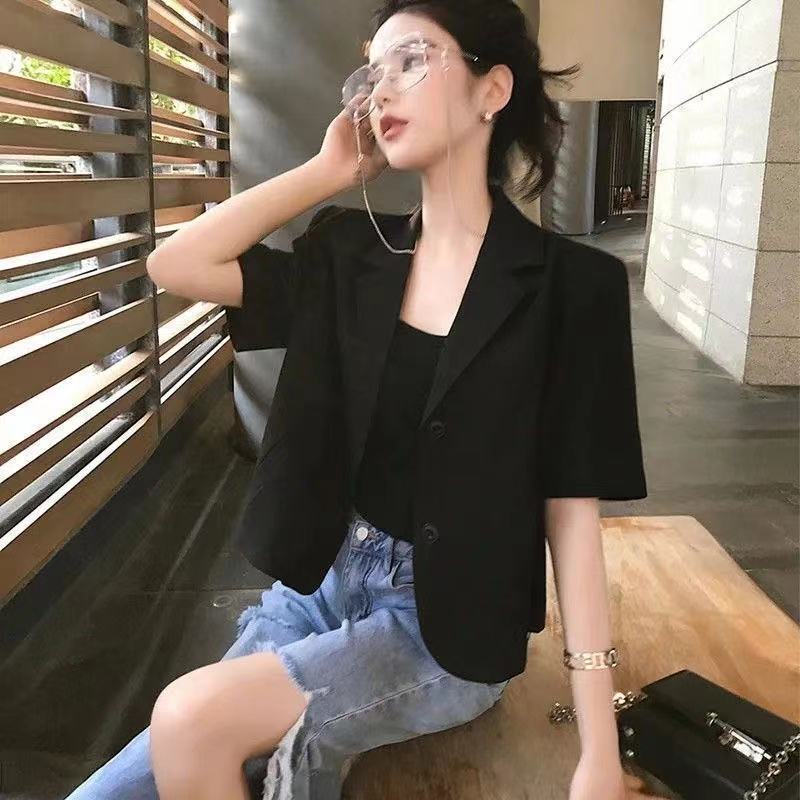 Qlioo COD Blazer lengan pendek Wanita | Crop top Korean Style Jaket Pendek Warna Polos | Blazer Crop