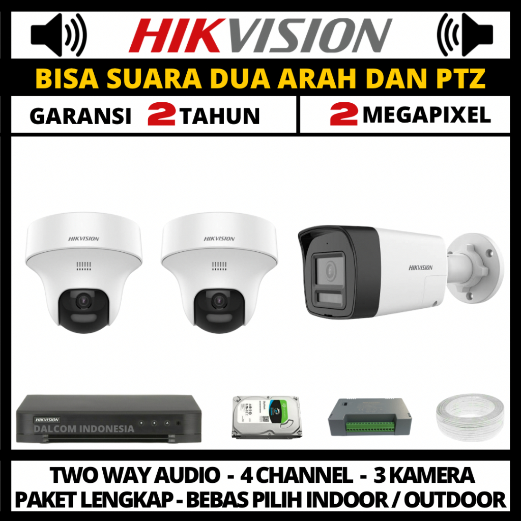 Paket cctv hikvision 2mp 4 channel 3 kamera ptz two way audio paket cctv lengkap
