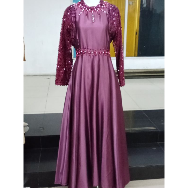GAMIS MAXI DRESS BAHAN SHIMER MIX PAYET WARNA KHUSUS BURGUNDY MERAH CHERRY LD 100-104 PJG 138 SIZE L