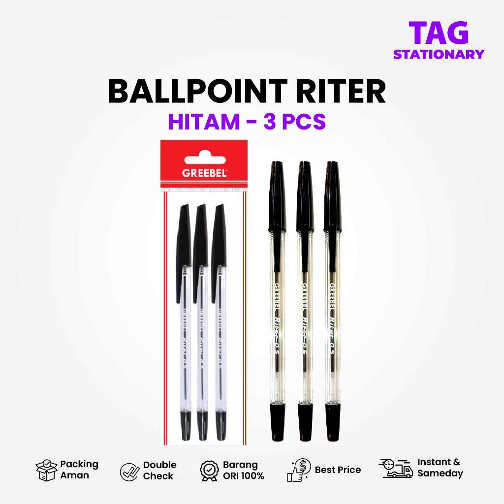 

GREEBEL Pulpen / Ballpen Riter 0.5 Hitam (3 PCS/SET) / Ballpoint Bolpen Pena Timur Agung Grosir