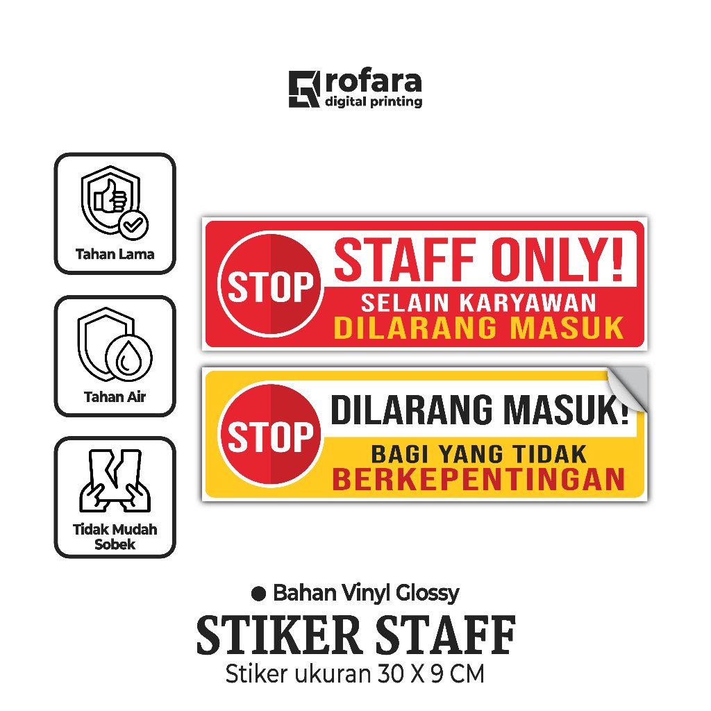 

Stiker Staff Only / Stiker Dilarang Masuk | Bahan Vinyl | Ukuran 30 x 9 CM