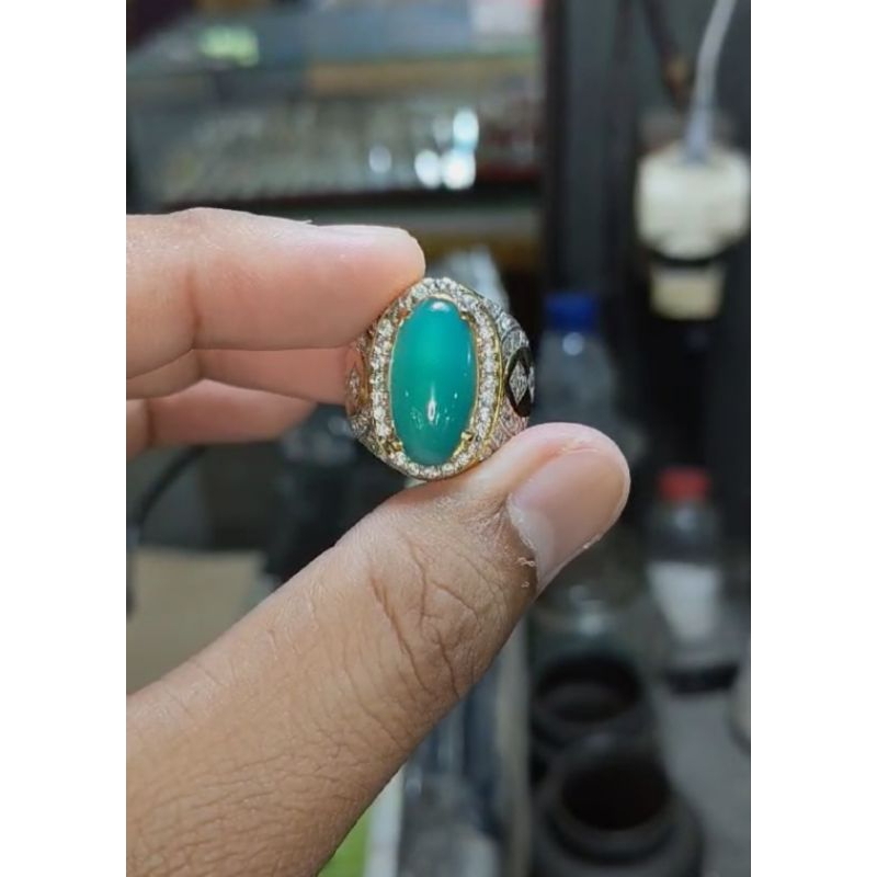 Natural Cincin Akik Bacan Blue Relaxsa Super Kristal Giwang kantoran Ring Perak