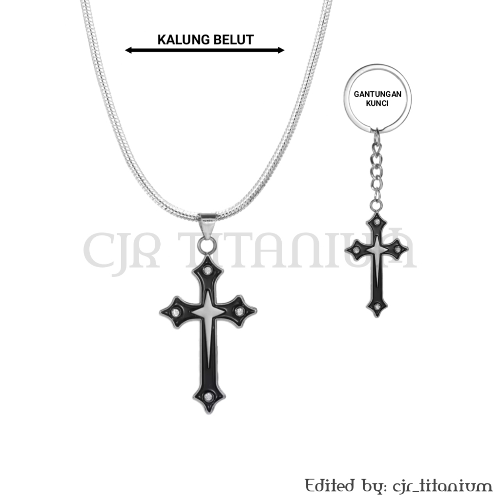 (KL61) KALUNG TITANIUM MODEL BELUTLIONTIN SALIB HITAM PERMATA ZIRCON PRIA WANITA ANTI KARAT DAN TIDA