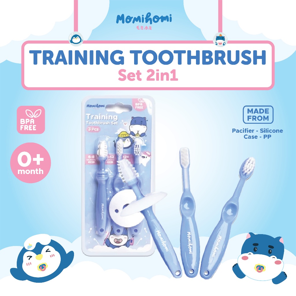 {BRUSH ANTIBACTERIAL} Momi Homi Training Toothbrush 3 in 1 ( 3059 ) Pembersih Mulut Anak Bayi 6-12 M