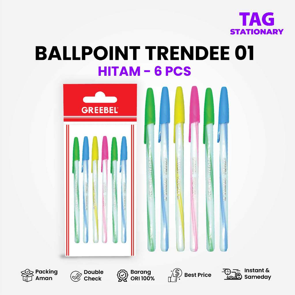 

GREEBEL Pulpen / Ballpen Trendee 01 Hitam (6 PCS/SET) / Ballpoint Bolpen Pena Timur Agung Grosir