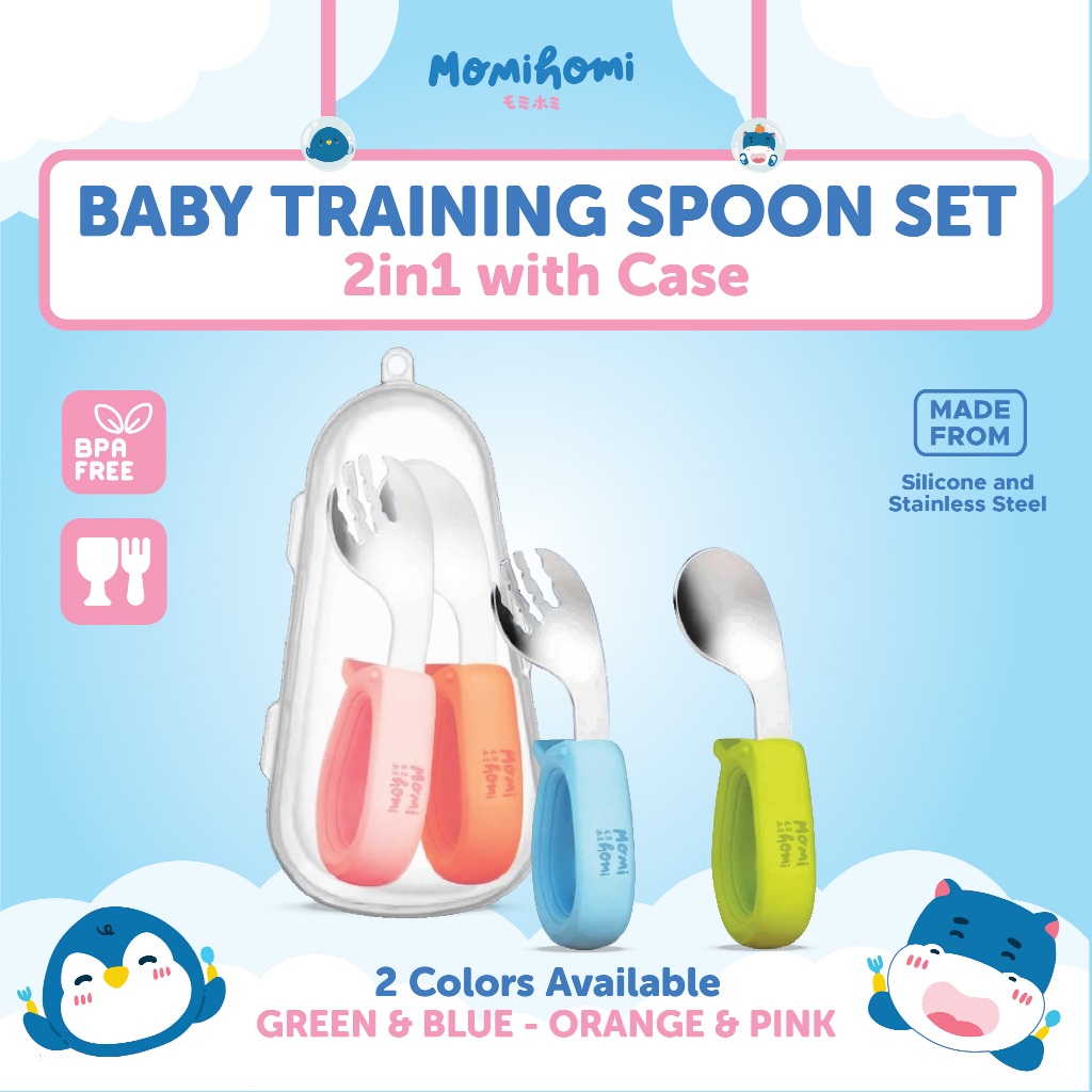 {STAINLESS ANTIBACTERIAL} Momi Homi Baby Set Stainless Training Spoon 3071 Peralatan Set Makan Anak 