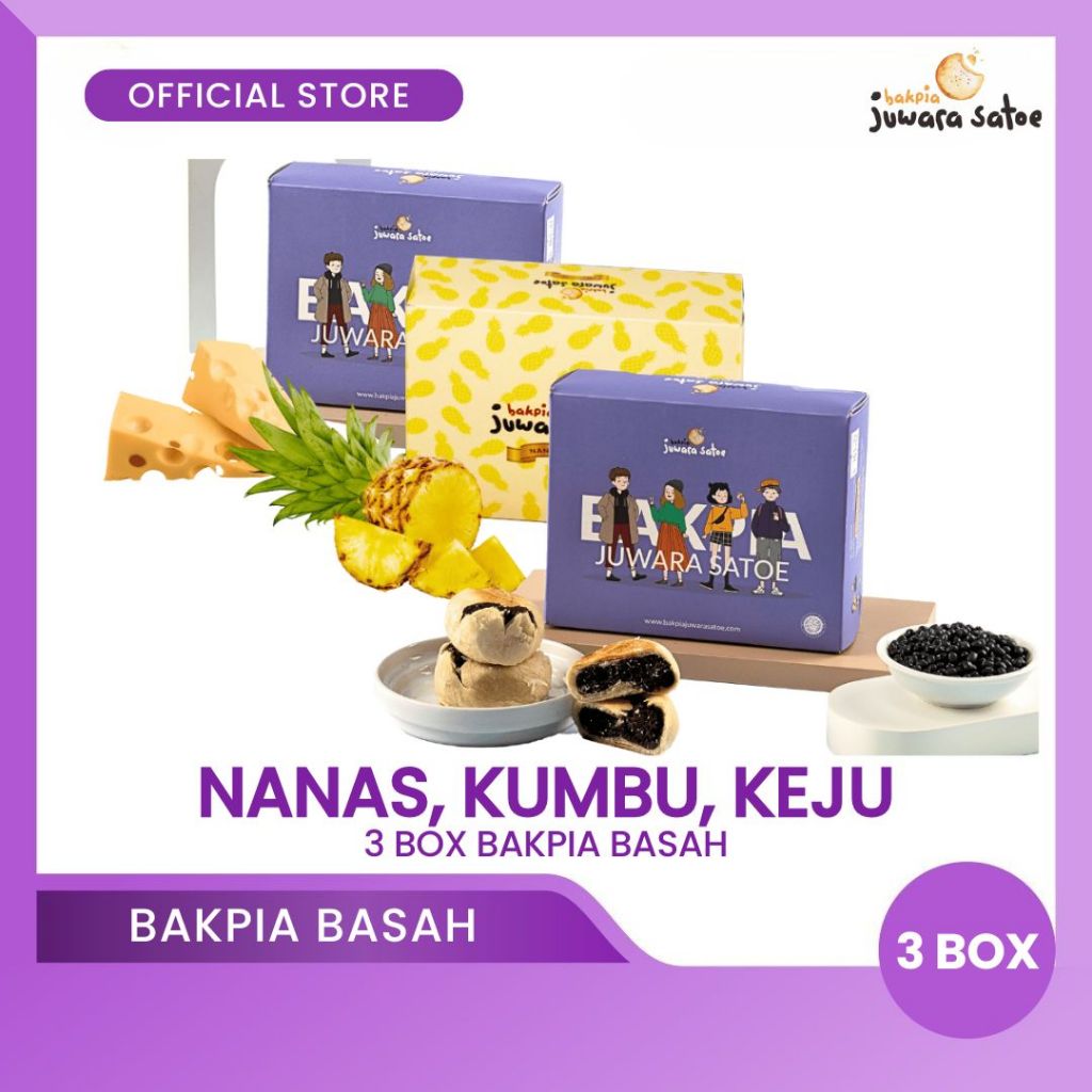 

BAKPIA JUWARA SATOE [ 3 Box ] Paket Mix Combo Bakpia Basah (Nanas, Kumbu, Keju) - Oleh Oleh Khas Jogja