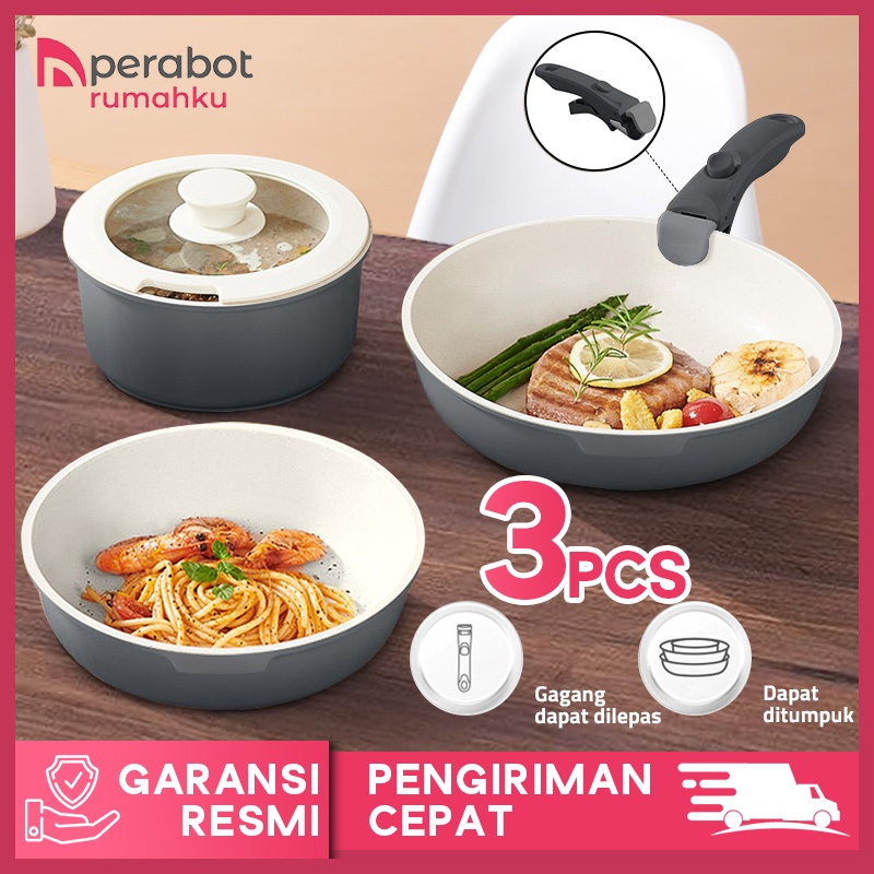 Panci Set Keramik 3pcs 2320 - Panci Keramik Set Anti Lengket Gagang Lepas Pasang