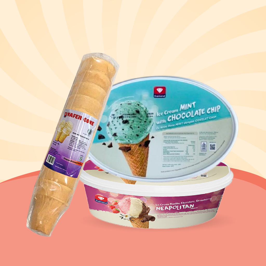 

BONUS CONE CUP 1 PACK BELI ICECREAM NEAPOLITAN & MINT CHOCOLATE CHIP 700 ML