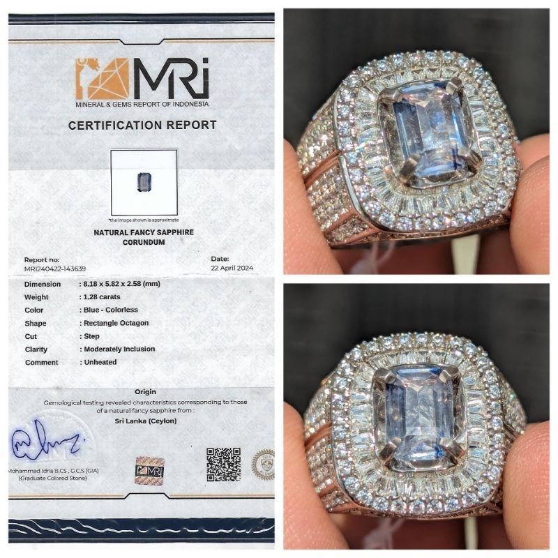 natural NTE fancy sapphire 1.28 cts ring perak microsetting sertifikat MRI lab