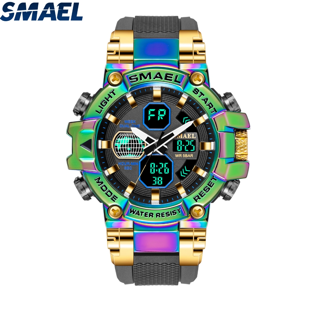 SMAEL 8027 Emas Kilap,Emas Mawar Berwarna,Jam Tangan Taktis Militer Analog Digital HD yang Dapat Dip