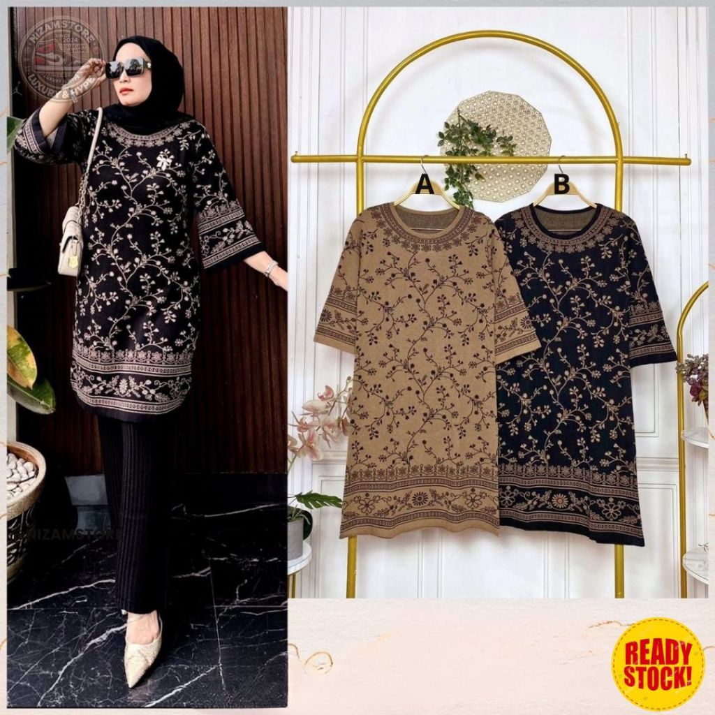 Nizamstore Tunik Rajut Wanita – Desain Bunga, Ukuran LD 110-120 cm, Panjang 90 cm