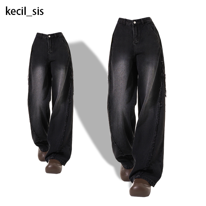 Hitam Jeans Panjang Wanita Celana Jeans Wanita Celana Kulot Denim Celana Baggy Jeans OOTD