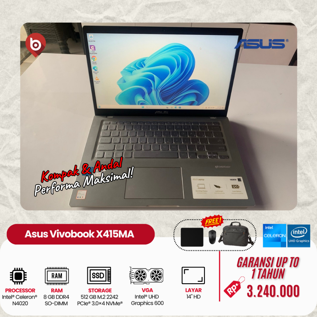 Laptop Second Premium Asus Vivobook X415MA Intel Celeron RAM 8GB SSD 512GB Garansi Up To 1 Tahun