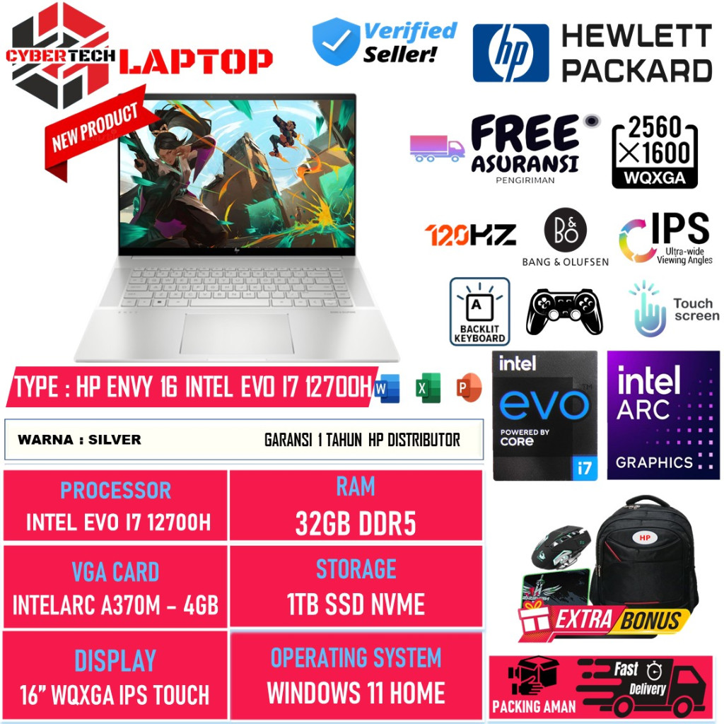 Laptop HP Envy 16 Intel EVO I7 12700H 32GB 1TB SSD ARC A370M 4GB WQXGA Ips 120Hz Touchscreen Win 11 