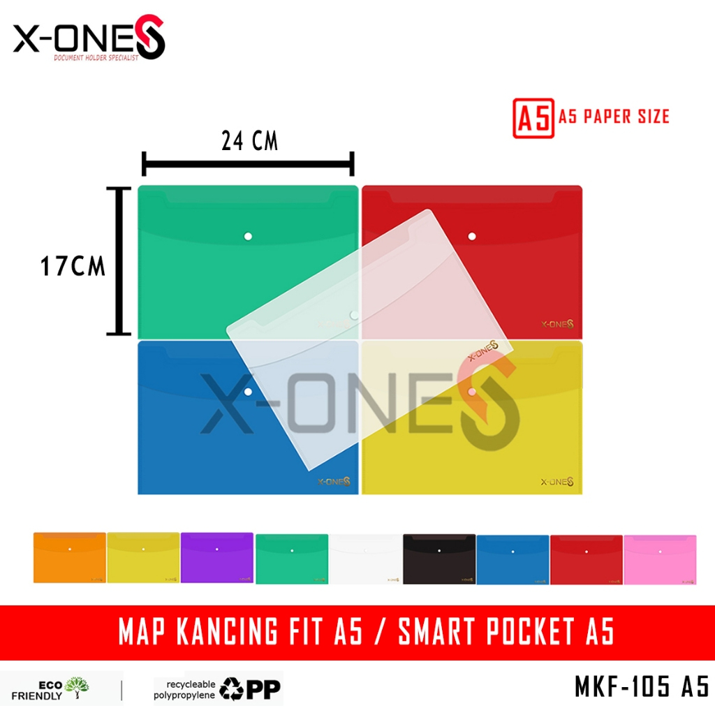 

X-ONE MAP PLASTIK KANCING 1 FIT A5 (UKURAN BUKU TULIS) AMPLOP SMART POCKET/ MKF-105 A5 (SATUAN)