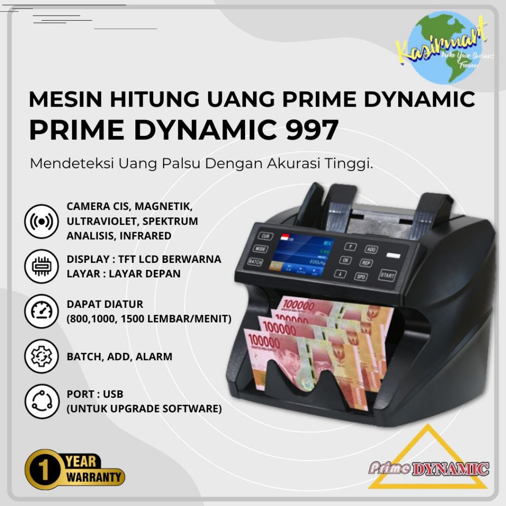 Mesin Hitung Uang Prime Dynamic 997 Asli Bergaransi Resmi Mendeteksi IDR USD EURO CNY DOLLAR 996 997
