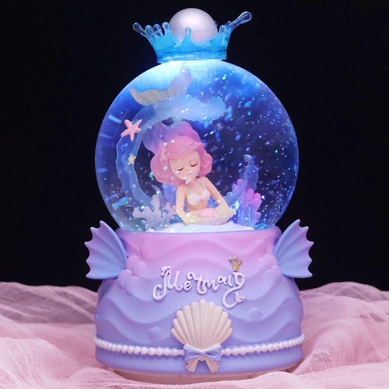 Kotak Musik Snowball MERMAID Ariel Lilac Waterball Lampu Princess JUMBO Pajangan Vintage Shabby Kris