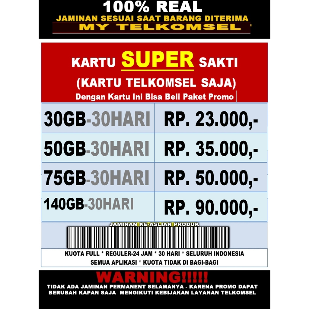 PROMO COD SATUAN KARTU SAKTI TELKOMSEL UNLIMITED PAKET INTERNET MURAH - UNLIMITED  30GB 50GB 75GB 14