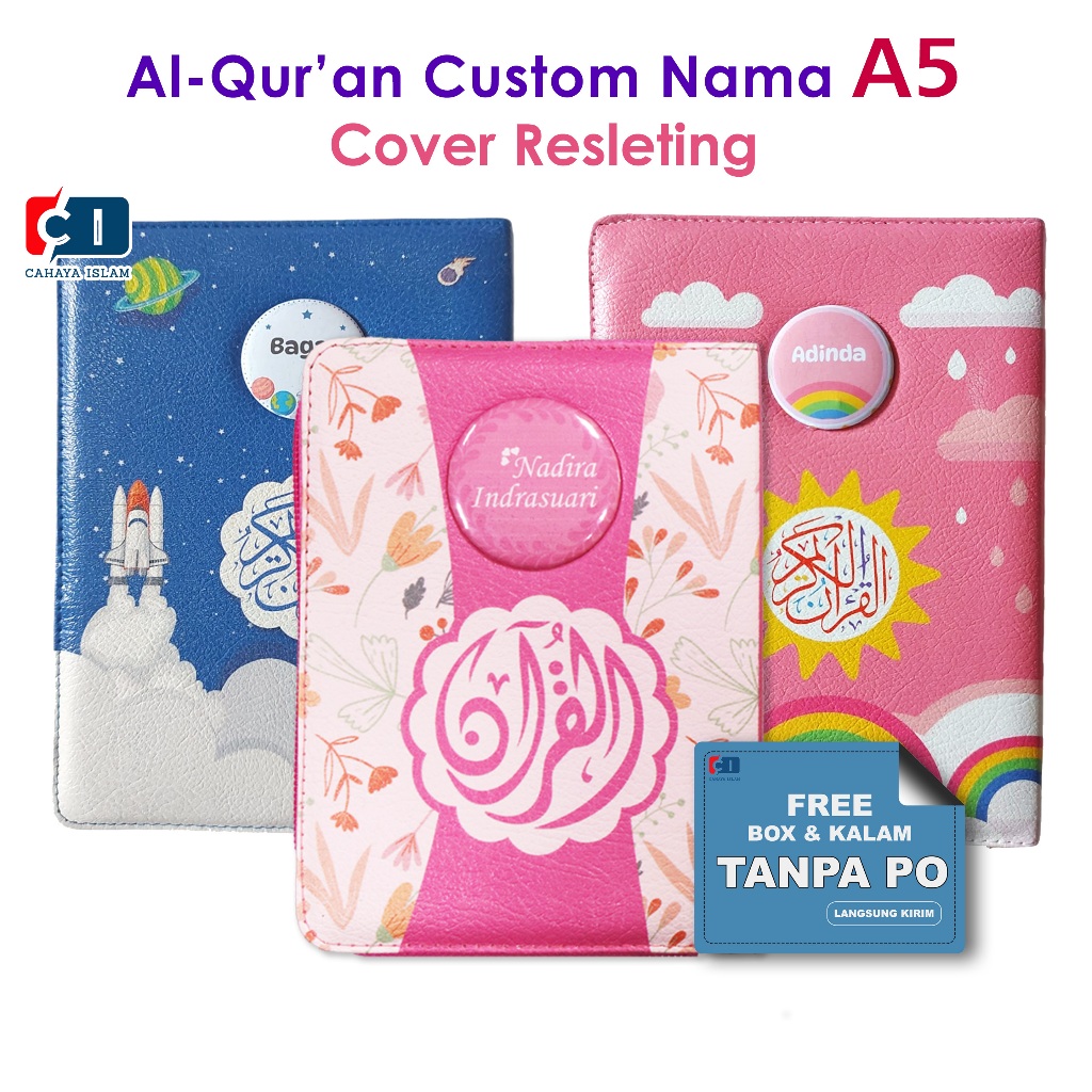 Alquran Custom Nama & Cover Terjemah Ukuran A5 Kaleb Resleting Bonus Pin