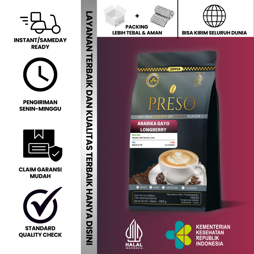 

PRESO Biji Kopi Bubuk Arabika Gayo Longberry Aceh Sumatra Coffee Roast Beans Espresso Bean 1000 gram