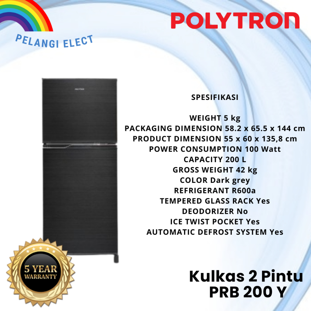 Kulkas 2 Pintu POLYTRON PRB 200 LOW WATT 200LITER GARANSI RESMI MURAH
