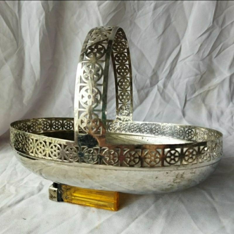 Pajangan Vintage Nampan Keranjang Kuningan Lapis Perak