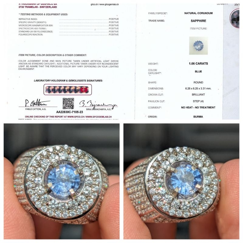 natural HQ 1.06 cts NTE blue safir burma ring perak microsetting sertifikat GFCO lab