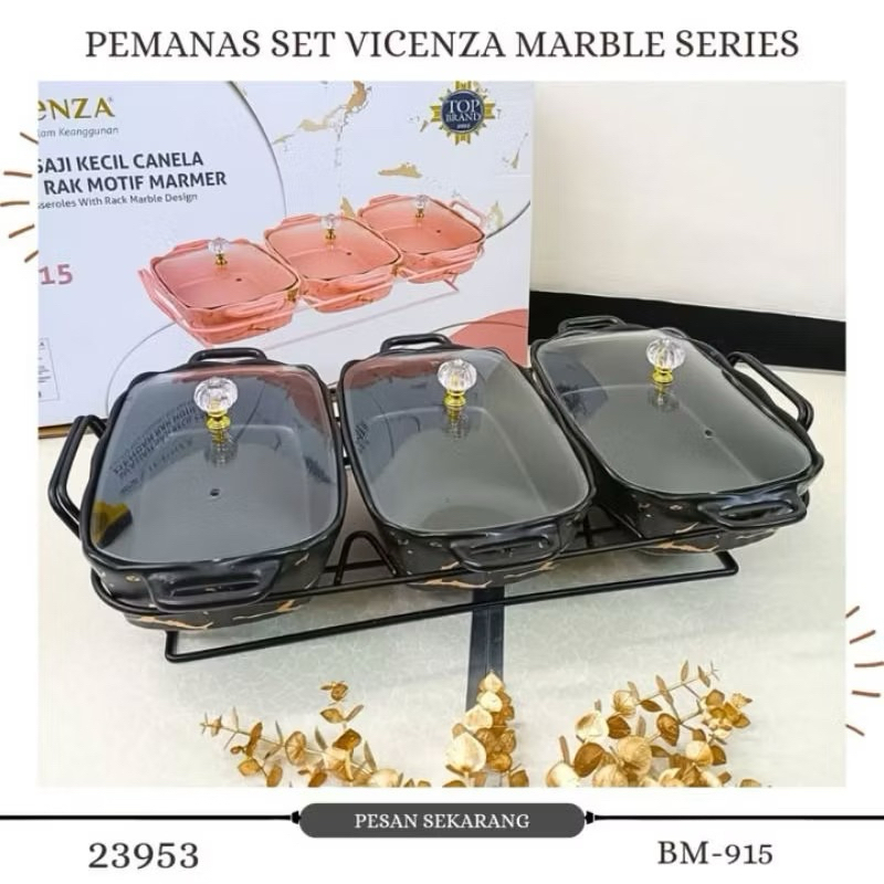 Vicenza BM915 Prasmanan Keramik Set 3 Canela Tutup Kaca Marmer Putih / Hitam / Pink