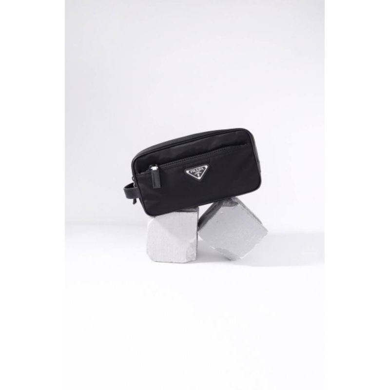 PRADA Triangle Travel Pouch in Black Nylon with Handle